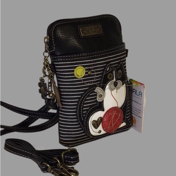 NWT CHALA Fat Cat Mini Crossbody Bag w/2 Straps, Vegan Leather, Stripes, Black - Picture 7 of 15